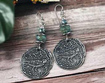 Antiqued Silver Bird Charms with Czech Glass Beads, Silver Earrings, Nature Theme, Boho, Casual Dangle Earrings