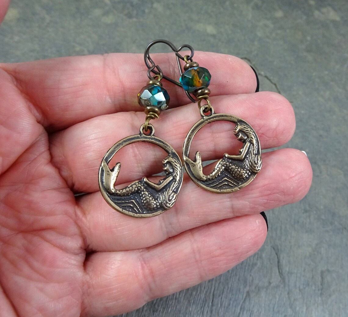 Mermaid Earrings Rustic Nautical Theme Earrings Brass - Etsy