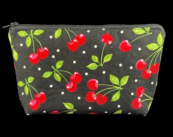 Bright Red Cherries Zipper Pouch, Black and Red Cosmetic Bag, Accessories Bag, Lined Zipper Bag, Retro Cherries Accessories Bag, Polka Dots