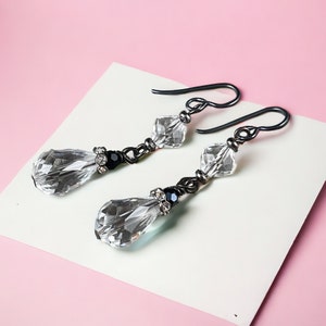 Crystal Faceted Teardrop Earrings with Black Accents ~ Clear Crystal Earrings, Glass Beads with Niobium Ear Wires, Vintage Style