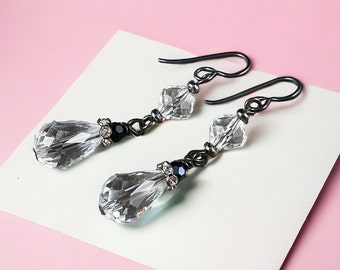 Crystal Faceted Teardrop Earrings with Black Accents ~ Clear Crystal Earrings, Glass Beads with Niobium Ear Wires, Vintage Style