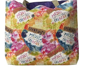 Colorful Tote Bag "Creativity is Messy" - Fully Lined and Padded Tote Bag with Shoulder Straps, 16"x12" with 4" boxed bottom