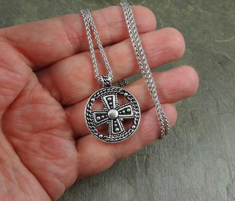 Silver Cross Necklace Antiqued Silver Necklace Doubloon Pendant Rhodium Rope Chain with Opulence Pendant Silver Opulence Necklace