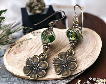 Nature Theme Jewelry, Floral Charm Dangle Earrings, Lightweight Brass Charm with Olive Green Czech Glass Beads, Niobium Ear Wires