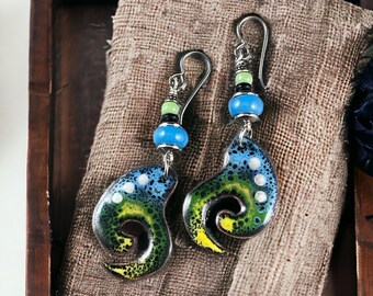 Sky Blue Bright Green and Black Enamel Charm Earrings, Unique Artisan, Funky Fun and Colorful Earrings, Lightweight Dangles