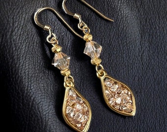 Golden Earrings ~ 22k Gold Plated Bezel with Crushed Gold Glitter Glass, 14k Gold Filled Ear Wires ~ Earrings with Bling