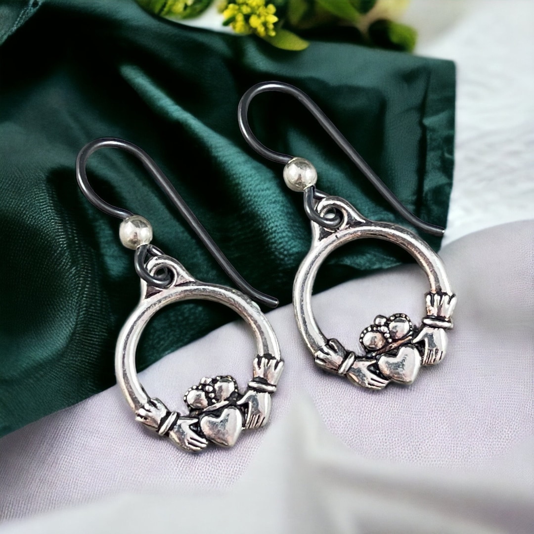 Boucles D'oreilles Créoles Et Bague Claddagh En Argent Plaqué Or Rose, Neuf