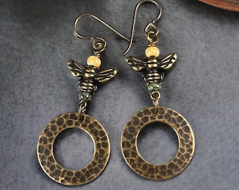 Bohemian Dangle Earrings, Oxidized Brass Hoop with Bumble Bee Bead and Niobium Ear Wires