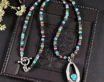 Bohemian or Southwestern Style Beaded Necklace - Czech Glass with Antiqued Silver and Turquoise Oval Pendant