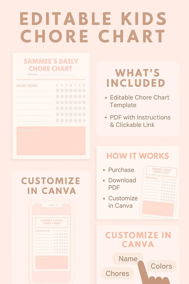 Editable Kids Chore Chart | Canva Template | Printable Daily Routine ...