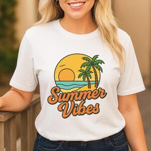 Summer Vibes Retro Beach T-Shirt | Vacation Shirt | Palm Tree Sunset Graphic Tee | Summer Aesthetic Shirt | Unisex Coastal Shirt