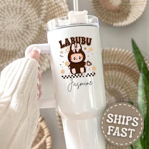 Labubu Tumbler, Custom Name Cup, Cute Kawaii Cup, Personalized Labubu Gift, Anime Style Tumbler, Brown Floral Labubu Cup