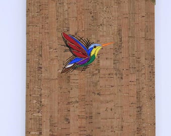 Notebook / Journal with Hummingbird Embroidery, Natural (Tan) Cork Cover and Lined Paper (A5)