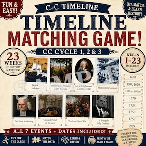 CC-tidslinjematchningsspel | Cykler 1, 2 och 3 | 23-veckors historierepetition | Tidslinjekort för klassiska samtal | Utskrivbart hemskolningsspel