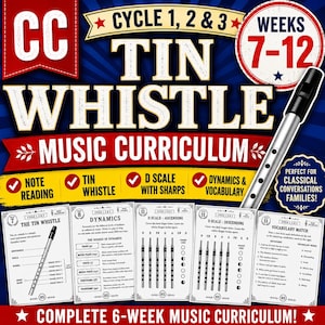 May include: A music curriculum guide for tin whistle featuring five instructional sheets with diagrams, note reading, and vocabulary. A silver tin whistle with a black mouthpiece is positioned on the right side against a blue background.
