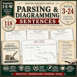 May include: A beige educational curriculum titled Master Sentence Skills with Parsing & Diagramming Sentences, featuring 118 pages for weeks 3-24. The set includes a student workbook, teacher answer keys, and worksheets with sentence diagramming exercises.