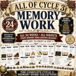 May include: A collection of educational memory work materials for Classical Conversations Cycle 3, featuring 24 weeks of content across math, Latin, science, English, history, geography, and timeline subjects, presented in a vintage-style layout.