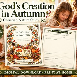 Könnte beinhalten: Ein druckbares Naturstudien-Set mit dem Titel God's Creation in Autumn, bestehend aus 12 Seiten für Kinder von 4 bis 8 Jahren. Das Cover zeigt ein offenes Buch, Kürbisse, Eicheln und Herbstblätter. Eine Beispielseite mit dem Titel My Little Leaf Journal enthält Felder zum Zeichnen von Blättern sowie zum Notieren von Farben, Rändern und Details.