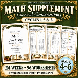 Peut inclure: Un ensemble de fiches pédagogiques de mathématiques intitulé Math Supplement Classical Conversations Cycles 1, 2 & 3. Les pages incluent des tables de multiplication, des exercices d'association et des problèmes de mathématiques pour les 4-6 ans.