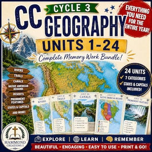 Pode incluir: Um pacote educativo de geografia intitulado CC Cycle 3 Geography Units 1-24. O gráfico apresenta um mapa da América do Norte, uma rosa dos ventos e cinco cartões de exemplo intitulados Rivers, Trails, Canals, Native American Regions e Prominent Features.