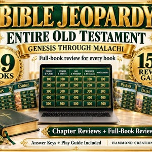 Pode incluir: Um jogo digital de Bible Jeopardy exibido na tela de um laptop, com categorias como People & Places, Stories & Events, Law & Worship e Prophecy & Messages. O gráfico inclui texto para 39 livros, 159 jogos de revisão e uma Bíblia.