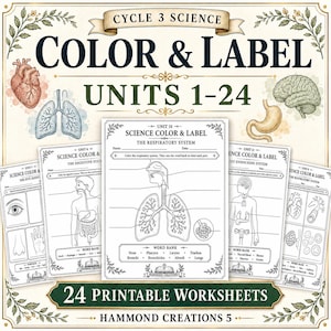 Könnte beinhalten: Ein Set aus 24 druckbaren wissenschaftlichen Arbeitsblättern mit dem Titel Cycle 3 Science Color & Label Units 1-24. Die Seiten zeigen schwarz-weiße Strichzeichnungen der menschlichen Anatomie, einschließlich Atmungs- und Verdauungssystem.