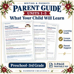 May include: A three-page printable PDF parent guide for writing and phonics units 1-5, titled Writing & Phonics Parent Guide Units 1-5 What Your Child Will Learn. The document features text, floral corner accents, and three checkmark icons.