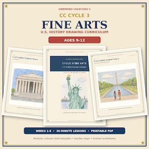 Może przedstawiać: Program nauczania rysunku z historii USA Hammond Creations 5 CC Cycle 3 Fine Arts dla dzieci w wieku 9-12 lat. Zestaw zawiera trzy strony z rysunkami kredkami przedstawiającymi Lincoln Memorial, Statuę Wolności i Pomnik Waszyngtona.