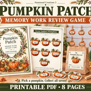 Peut inclure: Un jeu de révision de mémoire Pumpkin Patch imprimable comprenant un plateau de jeu, une feuille de sept citrouilles thématiques, un sac en papier brun étiqueté My Pumpkin Harvest et des découpes de citrouilles individuelles marquées Math, Latin, Science, English, History, Geography et Timeline.