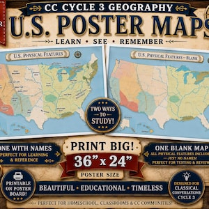 May include: Two 91.44 cm by 60.96 cm U.S. physical feature poster maps labeled CC Cycle 3 Geography. One map displays labelled mountains, rivers, and lakes, while the second map is blank for testing. The posters feature a light blue background.