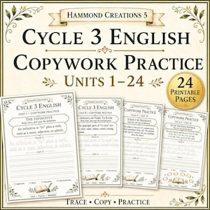 Op de afbeelding: Een set van 24 printbare Engelse oefenbladen getiteld Cycle 3 English Copywork Practice Units 1-24. De pagina's bevatten zwarte tekst op een crèmekleurige achtergrond met florale randen, inclusief secties voor het overtrekken en kopiëren van zinnen.