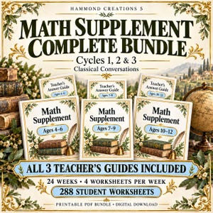 Op de afbeelding: Een digitaal pakket genaamd Math Supplement Complete Bundle voor Classical Conversations Cycles 1, 2 en 3. Het bevat drie werkboeken voor de leeftijden 4-6, 7-9 en 10-12, plus drie docentenhandleidingen, in totaal 288 werkbladen.