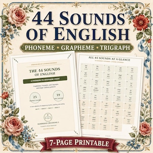 May include: A 7-page printable educational chart titled 44 Sounds of English, featuring phoneme, grapheme, and trigraph categories. The design includes floral borders, a phoneme-to-grapheme chart, and a grid of 44 sounds with examples.