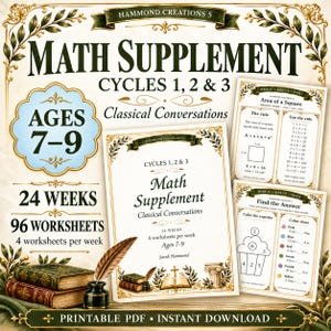 Op de afbeelding: Een printbaar wiskunde-supplement voor 7-9 jarigen, met 24 weken en 96 werkbladen. De omslag toont de tekst Math Supplement Cycles 1, 2 & 3 Classical Conversations, met illustraties van boeken, een ganzenveer en een zuil in vintage stijl.
