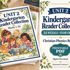 Puede incluir: Una colección de libros de lectura para preescolar titulada Unit 2 Kindergarten Reader Collection Weeks 1-24 por Sarah Hammond. La portada presenta una ilustración de cinco niños y un golden retriever leyendo en un campo de margaritas blancas.