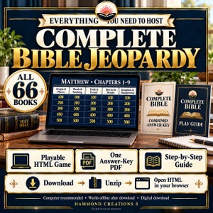 May include: A digital game kit titled Complete Bible Jeopardy featuring a laptop displaying a game board, a printed answer key, and a play guide. The set includes an HTML game, a PDF answer key, and a step-by-step guide for download.