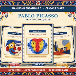 Peut inclure: Un ensemble de trois guides de projets de peinture Pablo Picasso intitulés Hammond Creations 5 CC Cycle 3 Art. Les guides présentent des projets par âge : Silly Shape Face Painting pour 4-7 ans, Mirror-Print Portrait pour 7-10 ans et Upside-Down Cubist Still Life pour 9-12 ans, incluant 3 projets et 6 pages imprimables.