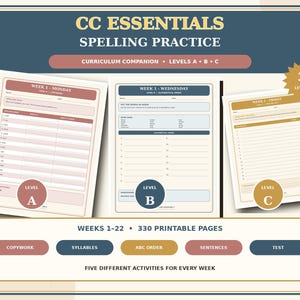 May include: A set of CC Essentials spelling practice worksheets featuring three levels labeled A, B, and C. The printable pages include sections for copywork, syllables, ABC order, sentences, and tests across 22 weeks and 330 total pages.