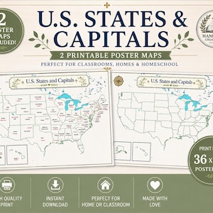 May include: Two printable U.S. States & Capitals poster maps. One map is labeled with state names and capitals, while the other is a blank outline. The text reads U.S. STATES & CAPITALS, 2 PRINTABLE POSTER MAPS, and PRINT UP TO 36 x 24 POSTER SIZE.