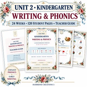 May include: A Unit 2 Kindergarten Writing & Phonics curriculum set featuring a teacher guide and 120 student pages. The documents include floral borders, blue ribbons, and educational content covering phonics progression, short vowels, and word exercises.