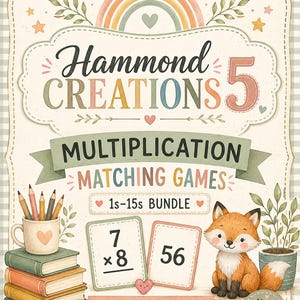 Puede incluir: Un conjunto de tarjetas educativas Hammond Creations 5 Multiplication Matching Games 1s-15s bundle. La imagen muestra una pila de libros con lápices, una ilustración de un zorro y tarjetas con 7x8 y 56. El texto incluye Fun, Engaging, Effective.