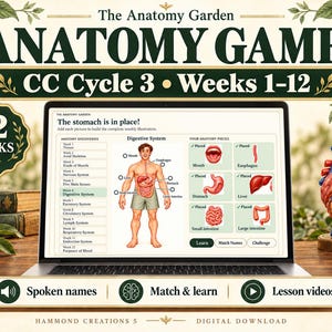 May include: A laptop screen displays The Anatomy Garden Anatomy Game CC Cycle 3 Weeks 1-12, featuring a human body diagram, digestive system labels, and interactive anatomy pieces. The interface includes buttons for Spoken names, Match & learn, and Lesson videos.