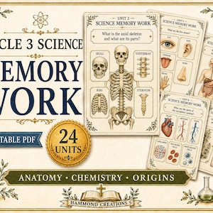 May include: A collection of educational science memory work cards featuring anatomical diagrams of the human skeleton, organs, and chemistry elements. The cards are labeled with unit numbers and scientific questions, presented in a vintage style.