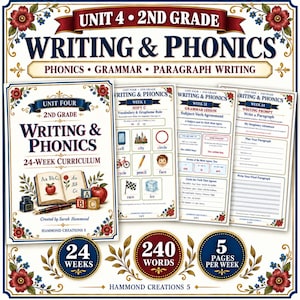 Puede incluir: Un plan de estudios de 24 semanas titulado Unit 4 2nd Grade Writing & Phonics de Hammond Creations 5. La portada muestra un libro abierto, un tintero, una pluma estilográfica y bloques de letras. Tres páginas interiores muestran lecciones.