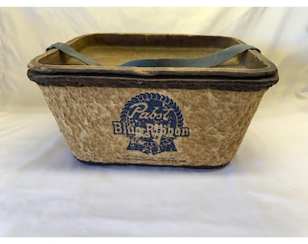 Vintage Fiber Board Pabst Blue Ribbon Cooler With Lid 1950's Cooler Basket