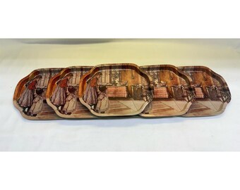 Zestaw VTG 6 małych metalowych tac Carl Larsson Retro Romantyczny Domek Wiejski