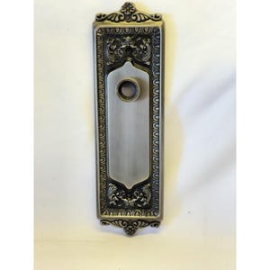 Peut inclure: Une plaque de porte rectangulaire en métal avec un centre en argent brossé et une bordure ornée de couleur bronze foncé, présentant des volutes complexes et des motifs floraux. La plaque comporte une ouverture circulaire pour une poignée.