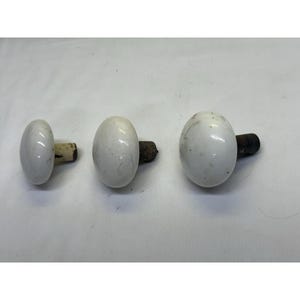 Puede incluir: Tres pomos de puerta antiguos de cerámica blanca con vástagos marrones oscuros envejecidos. Los pomos tienen forma ovalada y un acabado brillante, mostrando signos de desgaste. Los vástagos parecen ser de madera o material similar.