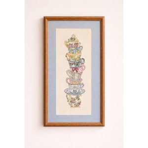 ヴィンテージ額装済み完成品 Candamar Designs ティーカップスタック カウントクロスステッチ
