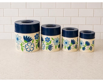 Rare 1960's Vintage Blue Flower Tin Nesting Canister Set Counterpoint MCM